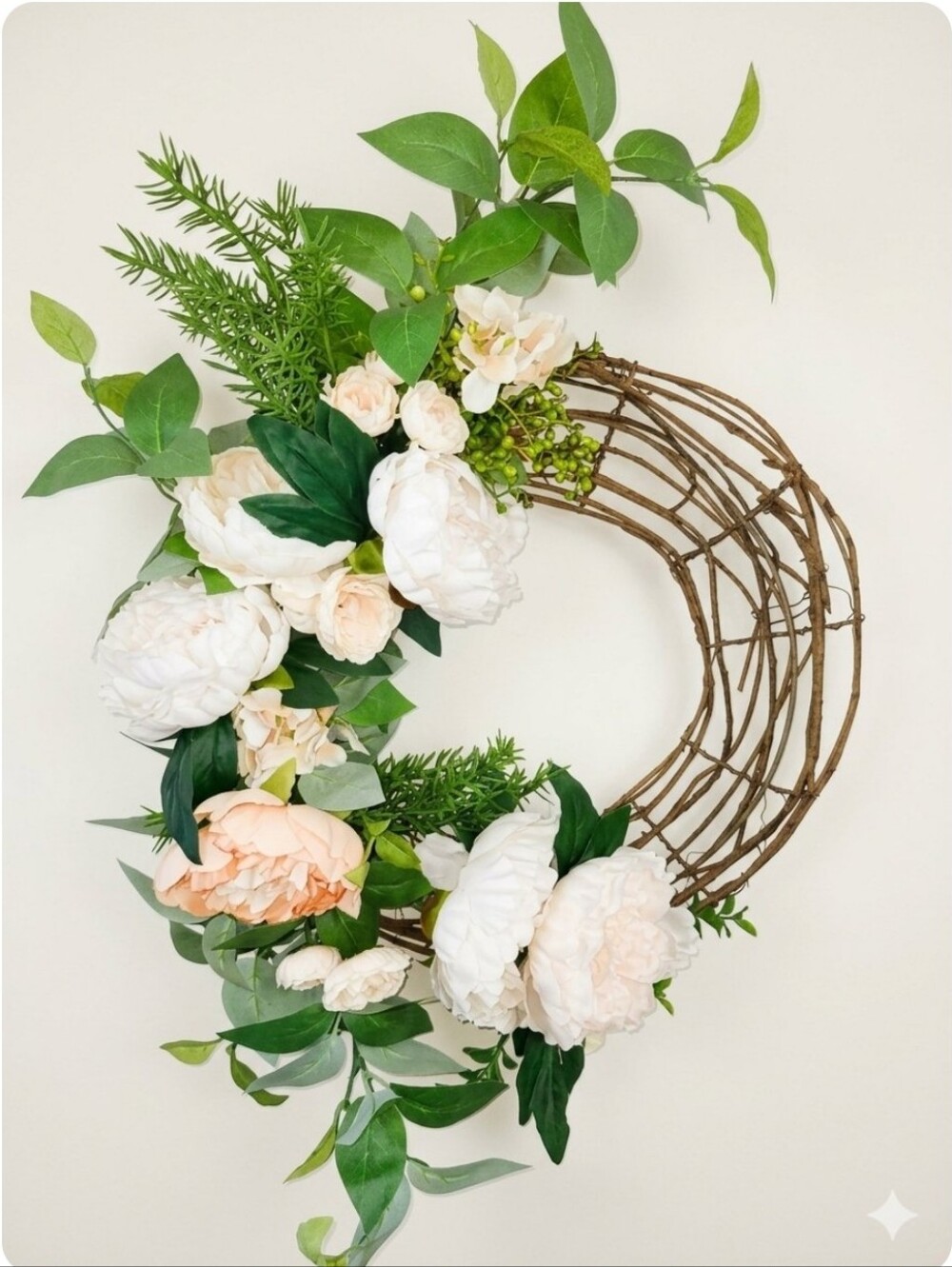 Peony Wreath, Grapevine Wreath W/ White & Peach Peonies, Approx 20"-30"